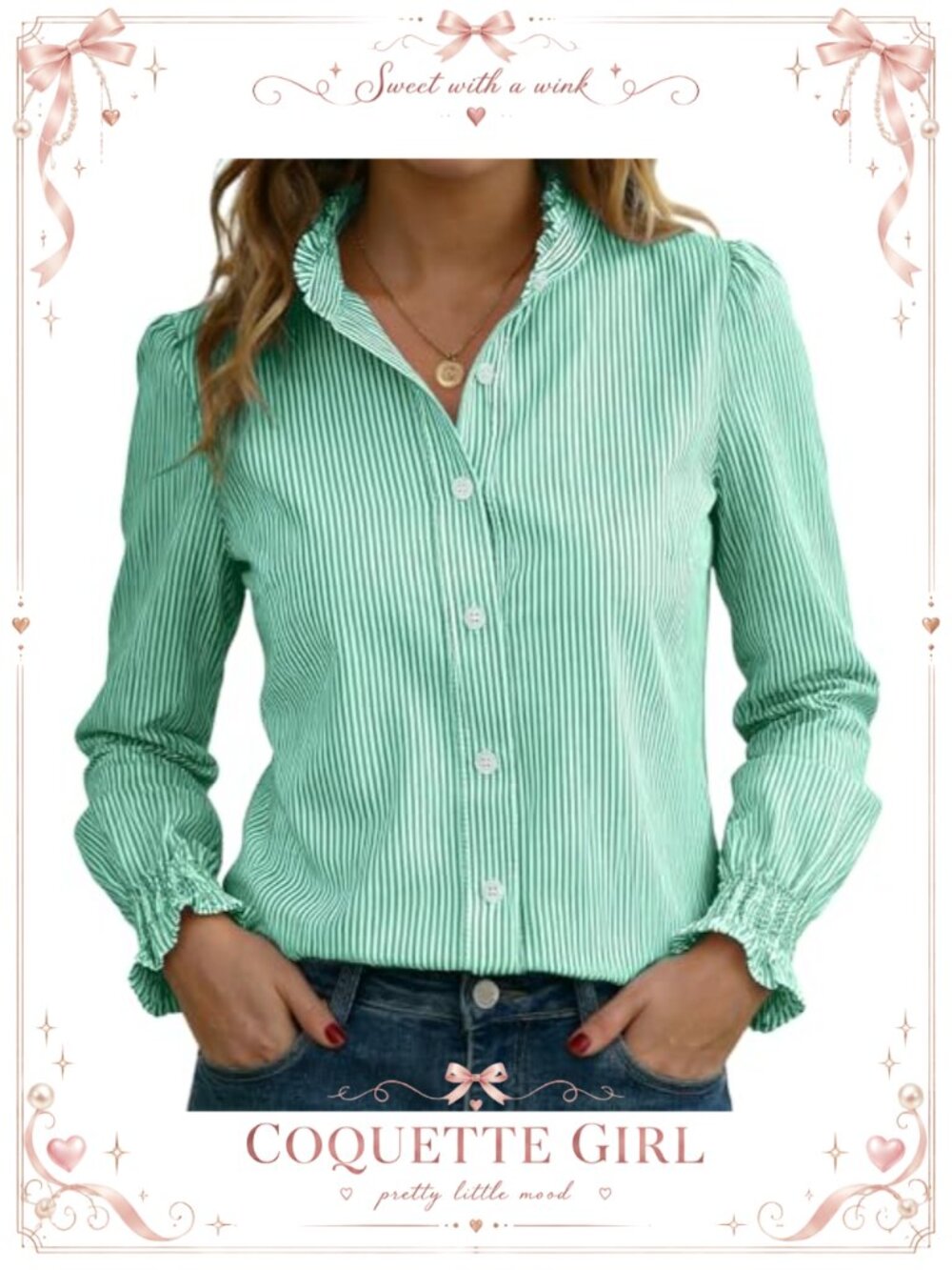 Womens Striped Button Down Shirt Long Sleeve Ruffle Smocked Cuff Blouse